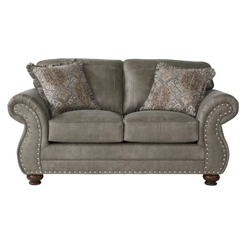 Roundhill Furniture Leinster Sofa-, Loveseat- und Sessel-Set aus Kunstleder mit Polsterung und Nagelkopfdetails in Steingrau
