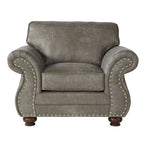 Roundhill Furniture Leinster Sofa-, Loveseat- und Sessel-Set aus Kunstleder mit Polsterung und Nagelkopfdetails in Steingrau