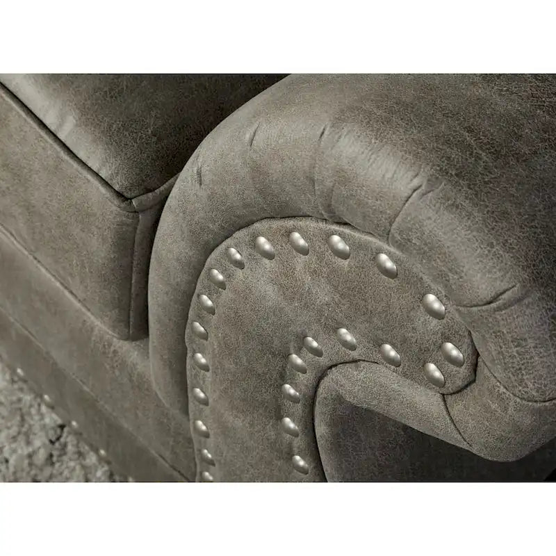 Roundhill Furniture Leinster Sofa-, Loveseat- und Sessel-Set aus Kunstleder mit Polsterung und Nagelkopfdetails in Steingrau