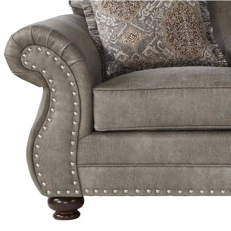 Roundhill Furniture Leinster Sofa-, Loveseat- und Sessel-Set aus Kunstleder mit Polsterung und Nagelkopfdetails in Steingrau