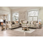 Furniture of America Qyn - perinteinen beige pehmustettu kaksipaikkainen sohva massiivipuusta