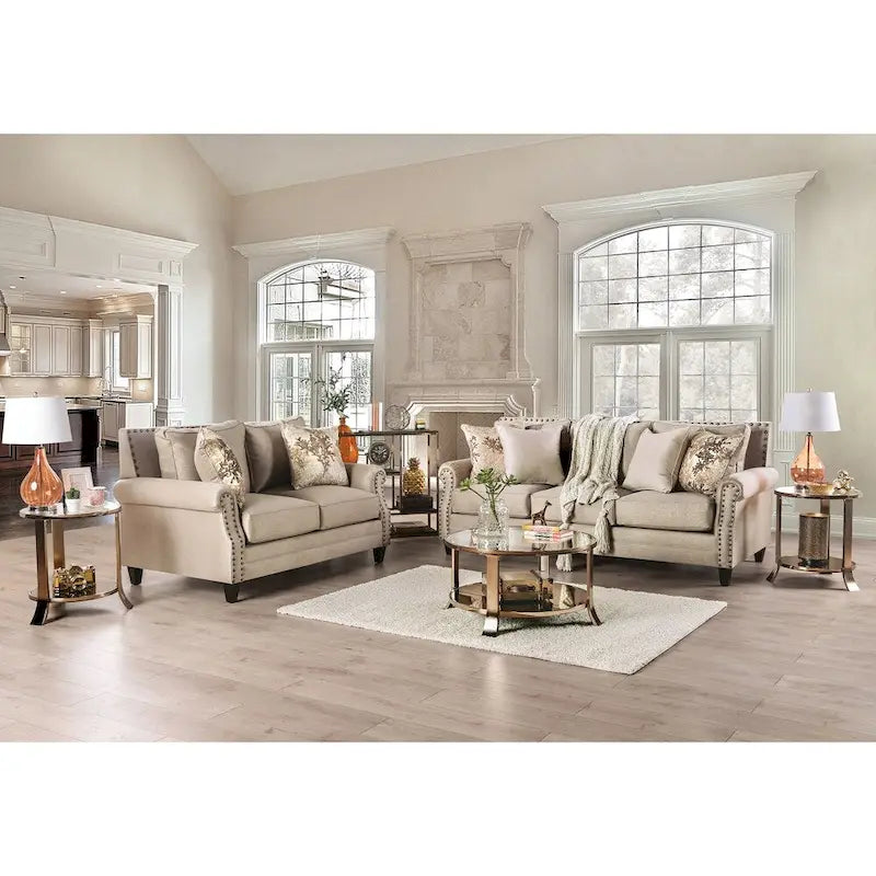 Furniture of America Qyn - perinteinen beige pehmustettu kaksipaikkainen sohva massiivipuusta