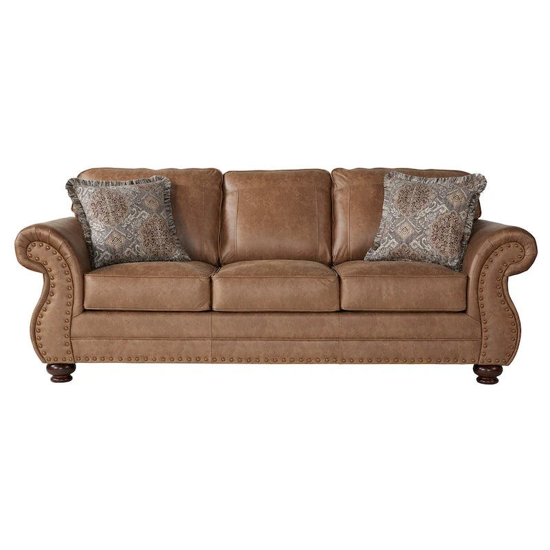 Roundhill Furniture Leinster bruine stoffen bank en loveseat met siernagelrand