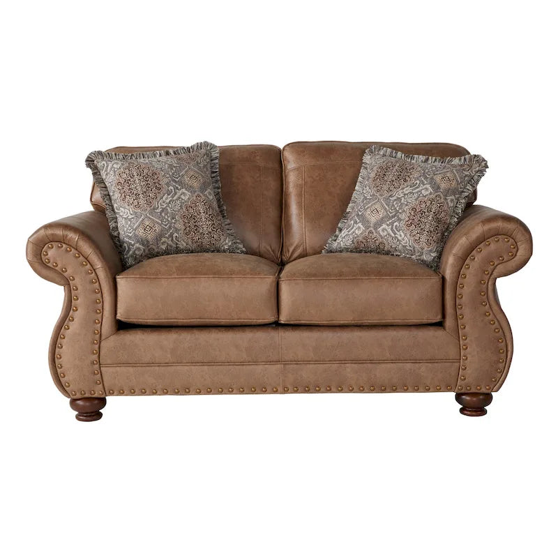 Roundhill Furniture Leinster bruine stoffen bank en loveseat met siernagelrand