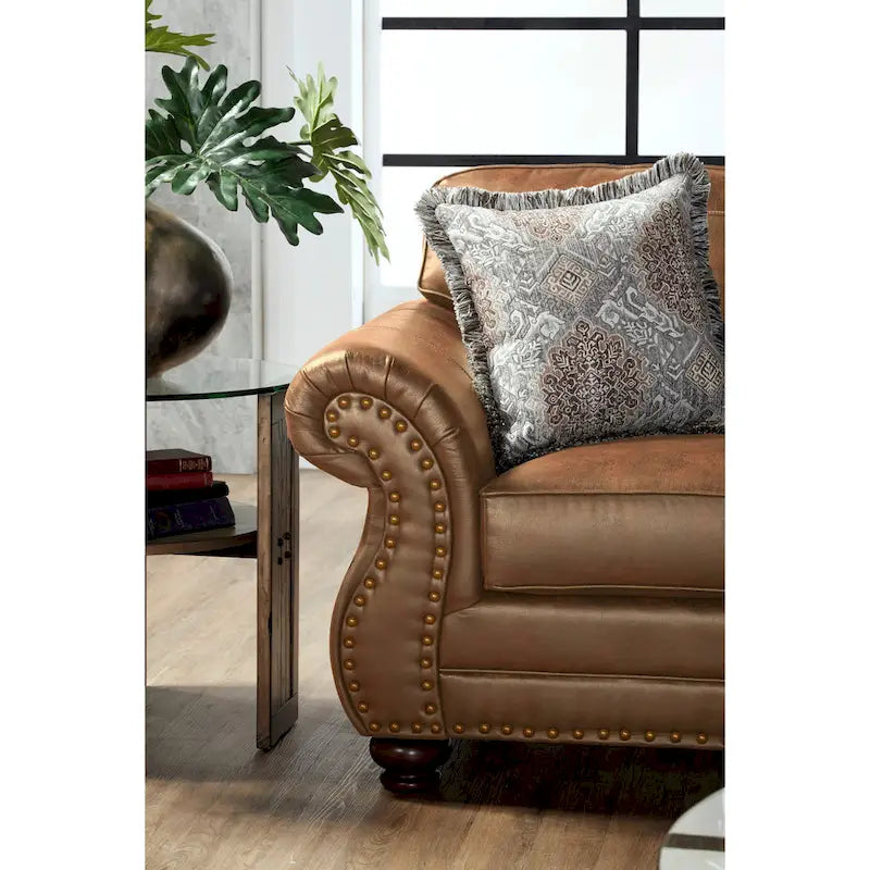 Roundhill Furniture Leinster bruine stoffen bank en loveseat met siernagelrand