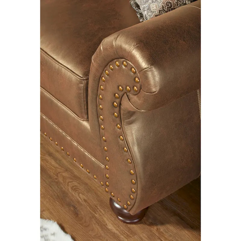 Roundhill Furniture Leinster bruine stoffen bank en loveseat met siernagelrand