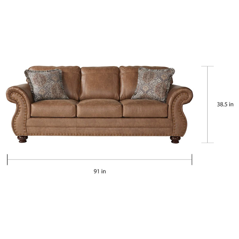 Roundhill Furniture Leinster bruine stoffen bank en loveseat met siernagelrand