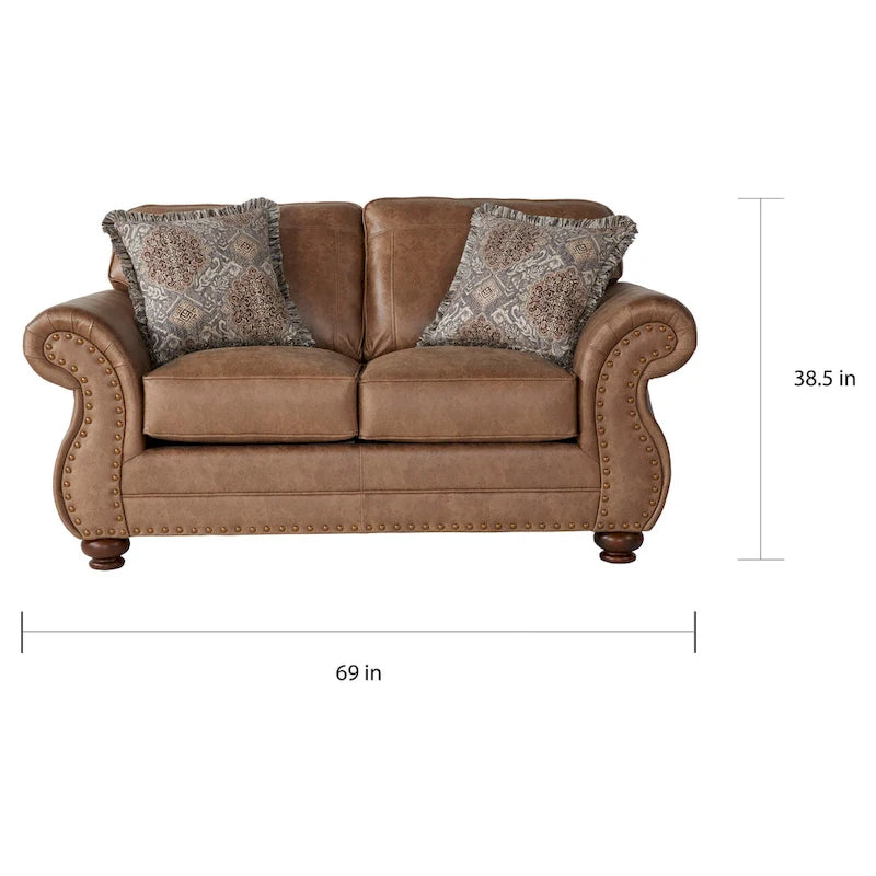 Roundhill Furniture Leinster bruine stoffen bank en loveseat met siernagelrand