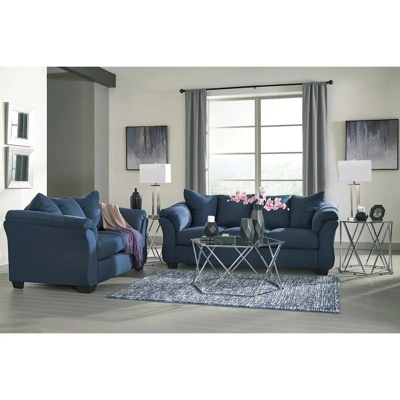 Aruca set van een marineblauwe microvezelbank met kussenrug en loveseat