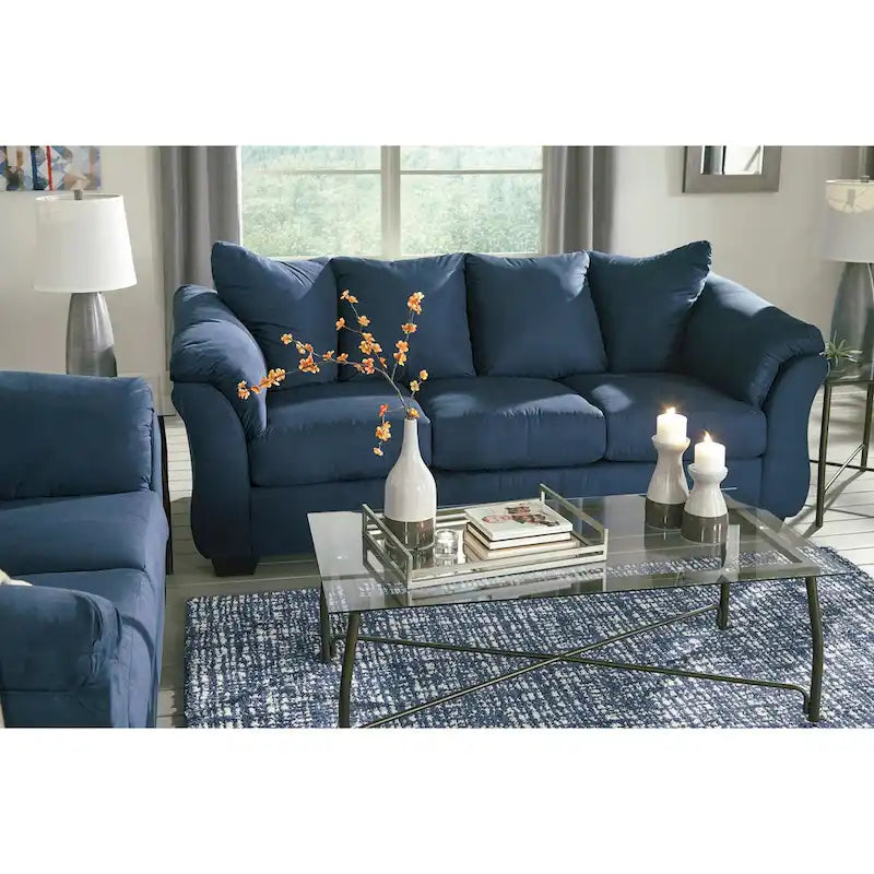 Aruca set van een marineblauwe microvezelbank met kussenrug en loveseat