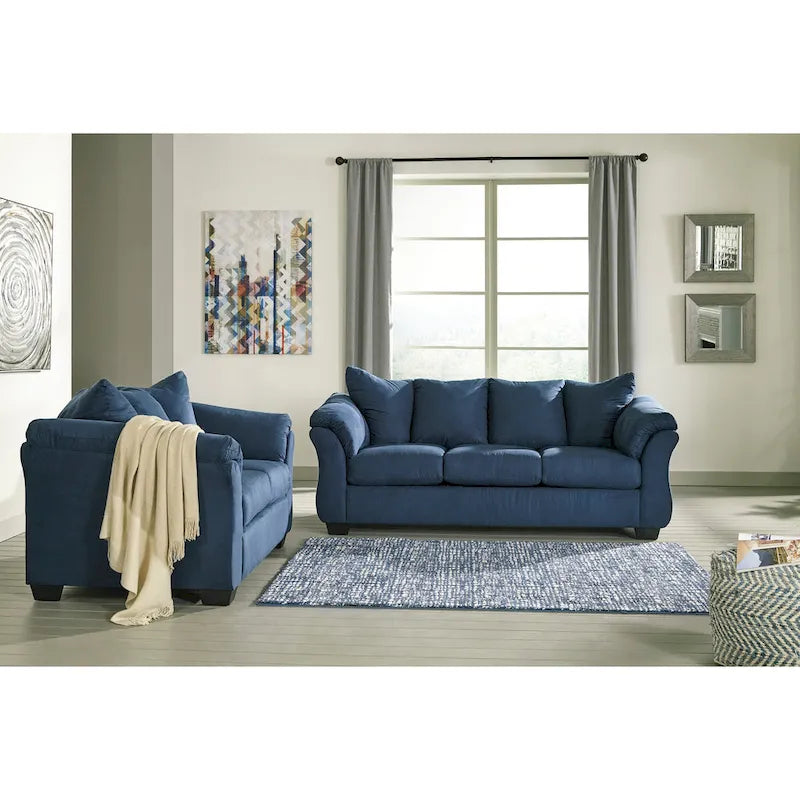 Aruca set van een marineblauwe microvezelbank met kussenrug en loveseat
