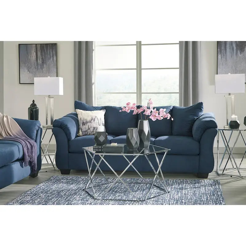 Aruca set van een marineblauwe microvezelbank met kussenrug en loveseat