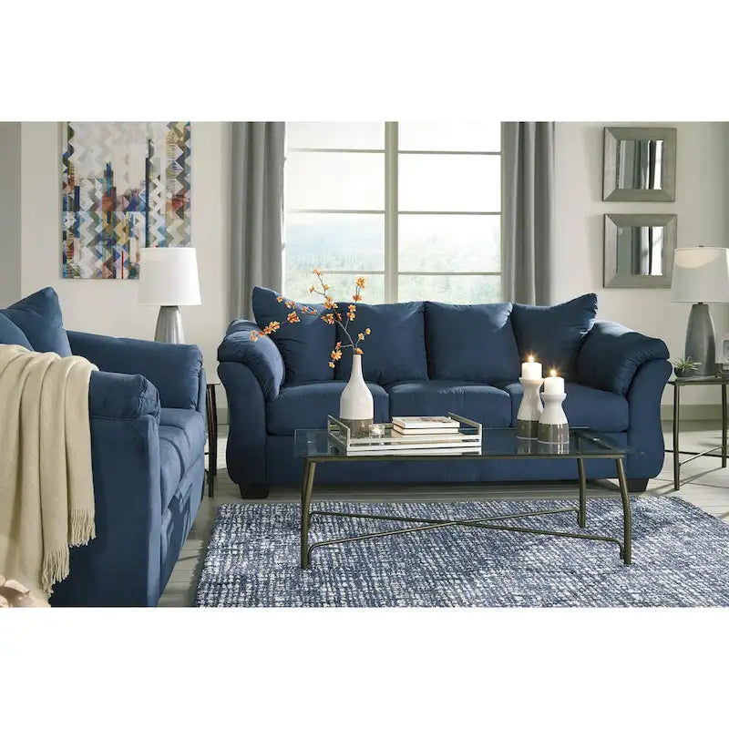 Aruca set van een marineblauwe microvezelbank met kussenrug en loveseat