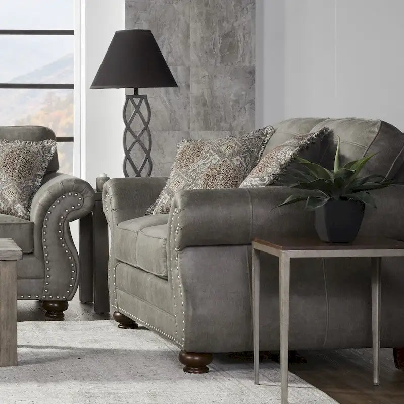 Roundhill Furniture Leinster kőszürke, műbőrrel kárpitozott, szegecses kétszemélyes kanapé