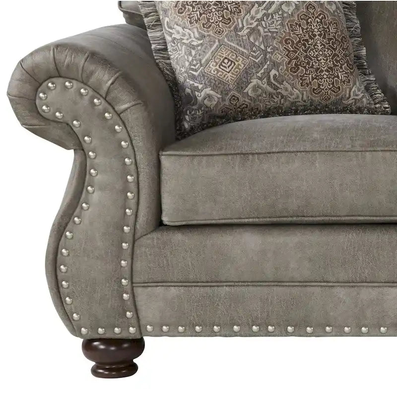 Roundhill Furniture Leinster kőszürke, műbőrrel kárpitozott, szegecses kétszemélyes kanapé