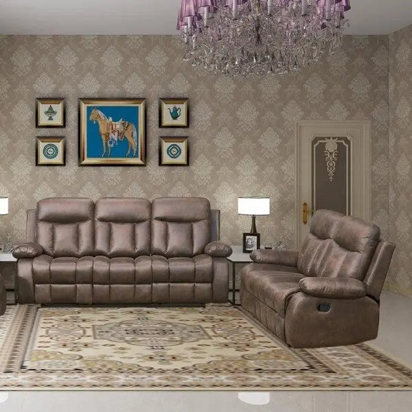 Juego de sala de estar reclinable de 2 piezas de microfibra marrón Vanity Art, con sofá de movimiento único y sofá de dos plazas de movimiento único - N/A
