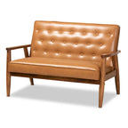 Sorrento loveseat van lichtbruin kunstleer en hout met walnootafwerking