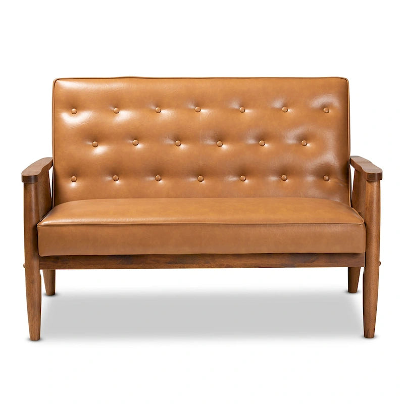 Sorrento loveseat van lichtbruin kunstleer en hout met walnootafwerking