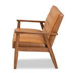 Sorrento loveseat van lichtbruin kunstleer en hout met walnootafwerking