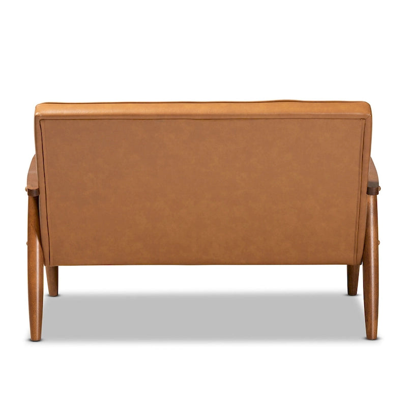 Sorrento loveseat van lichtbruin kunstleer en hout met walnootafwerking