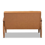 Sorrento loveseat van lichtbruin kunstleer en hout met walnootafwerking