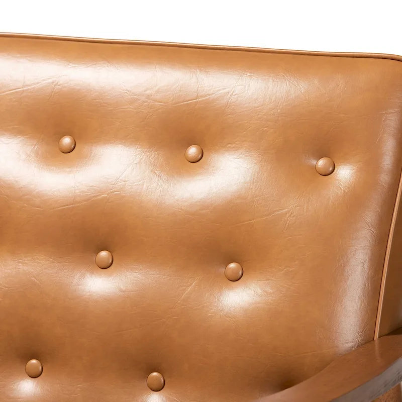 Sorrento loveseat van lichtbruin kunstleer en hout met walnootafwerking