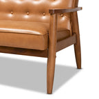 Sorrento loveseat van lichtbruin kunstleer en hout met walnootafwerking