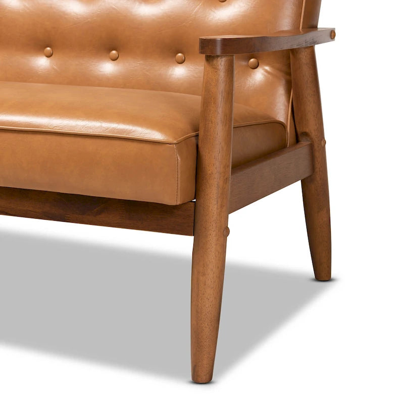Sorrento loveseat van lichtbruin kunstleer en hout met walnootafwerking