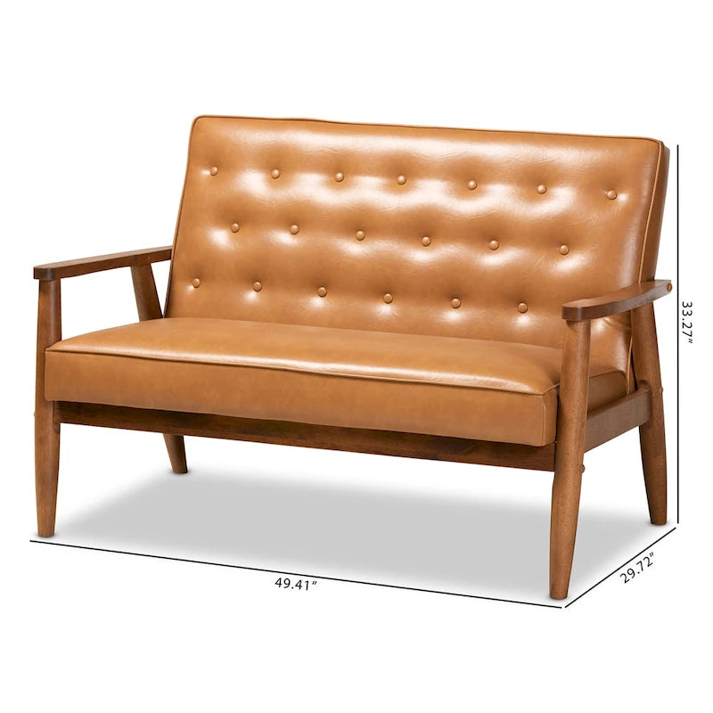 Sorrento loveseat van lichtbruin kunstleer en hout met walnootafwerking