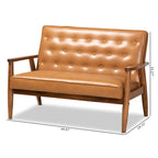 Sorrento loveseat van lichtbruin kunstleer en hout met walnootafwerking