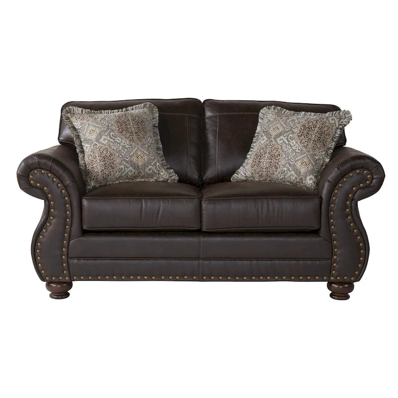 Ensemble Roundhill Furniture Leinster de canapé et causeuse en tissu rembourré avec clous décoratifs, espresso