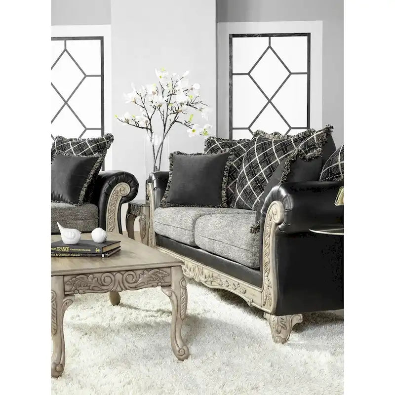 Roundhill Furniture San Marino 2-farbiges Set aus Sofa und Loveseat mit Holzrahmen und 3 Tischen in Ebenholz