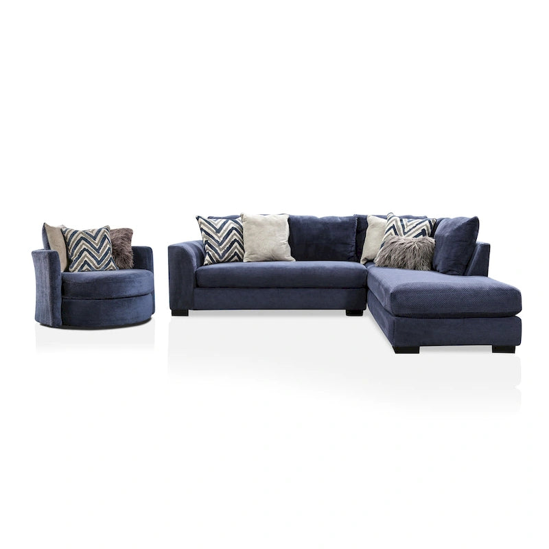 Ensemble Slaren 2 pièces composé d’une méridienne et d’un fauteuil rembourrés en microfibre bleu marine, style transitionnel, par Furniture of America