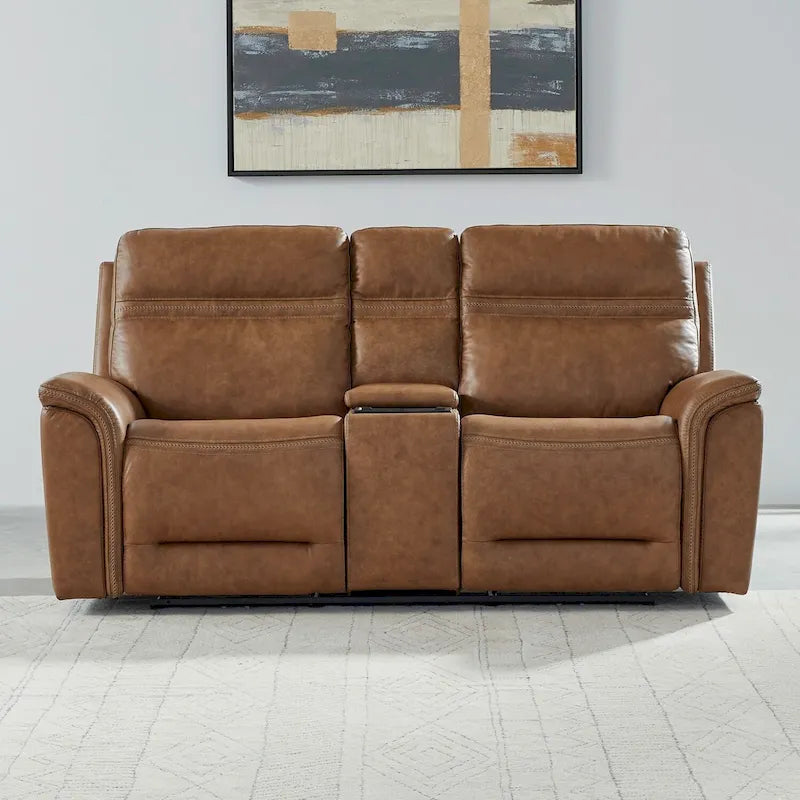 Dwuosobowa sofa z elektrycznie rozkładanymi siedziskami Cooper, skórzana, z konsolą