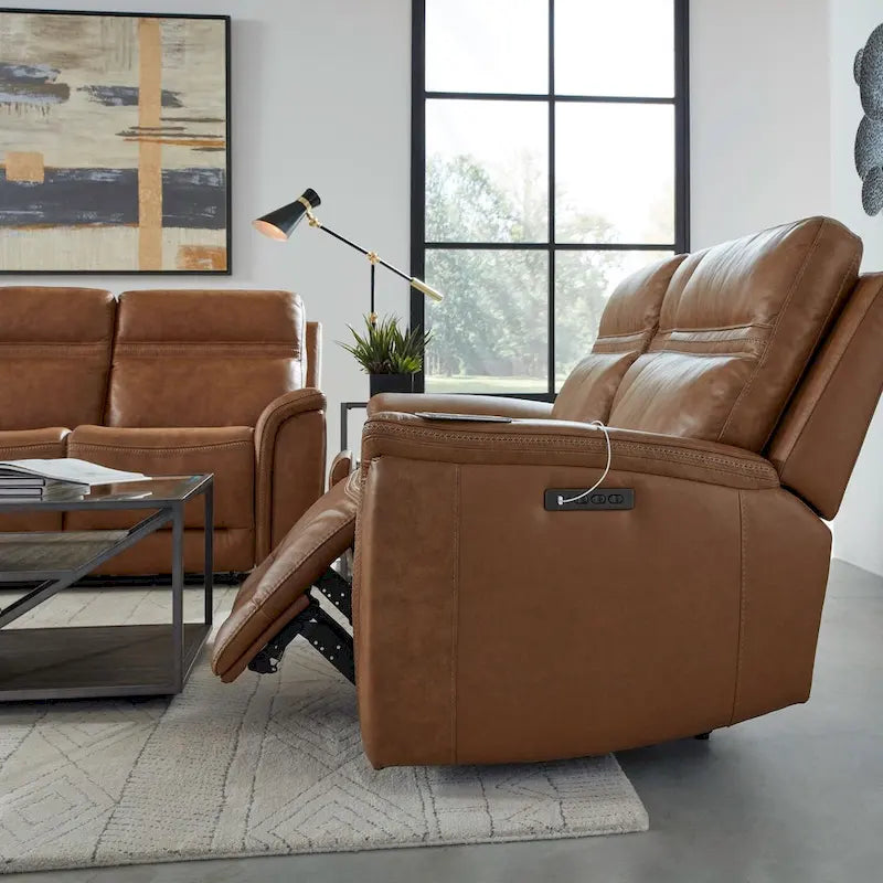 Dwuosobowa sofa z elektrycznie rozkładanymi siedziskami Cooper, skórzana, z konsolą