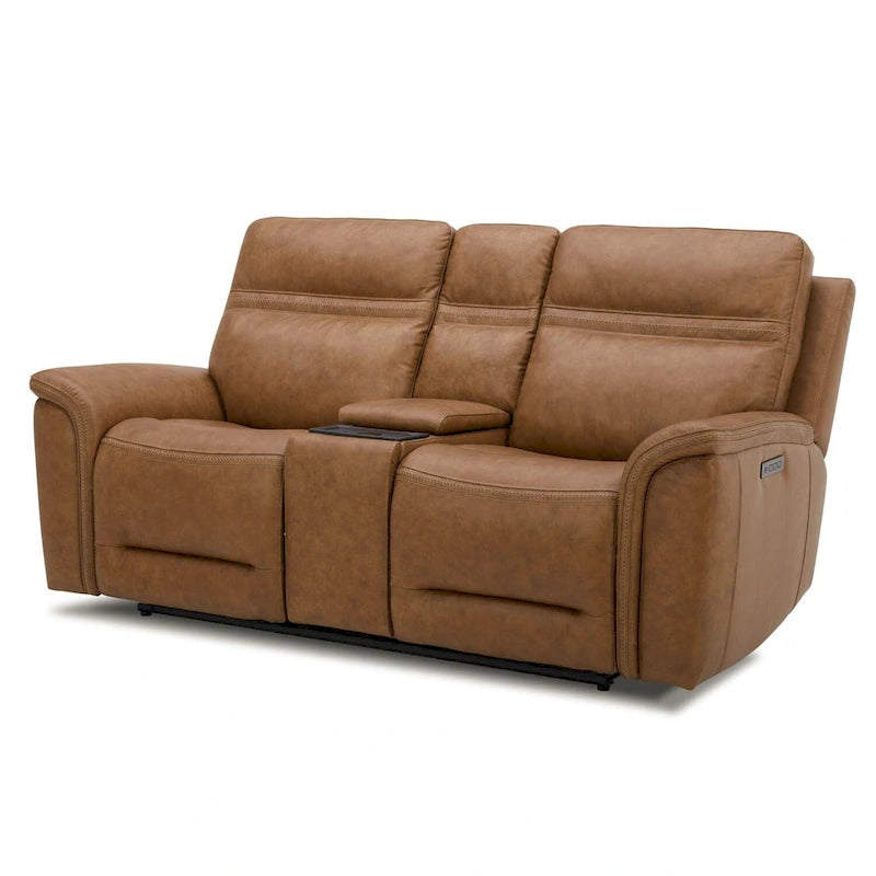 Dwuosobowa sofa z elektrycznie rozkładanymi siedziskami Cooper, skórzana, z konsolą