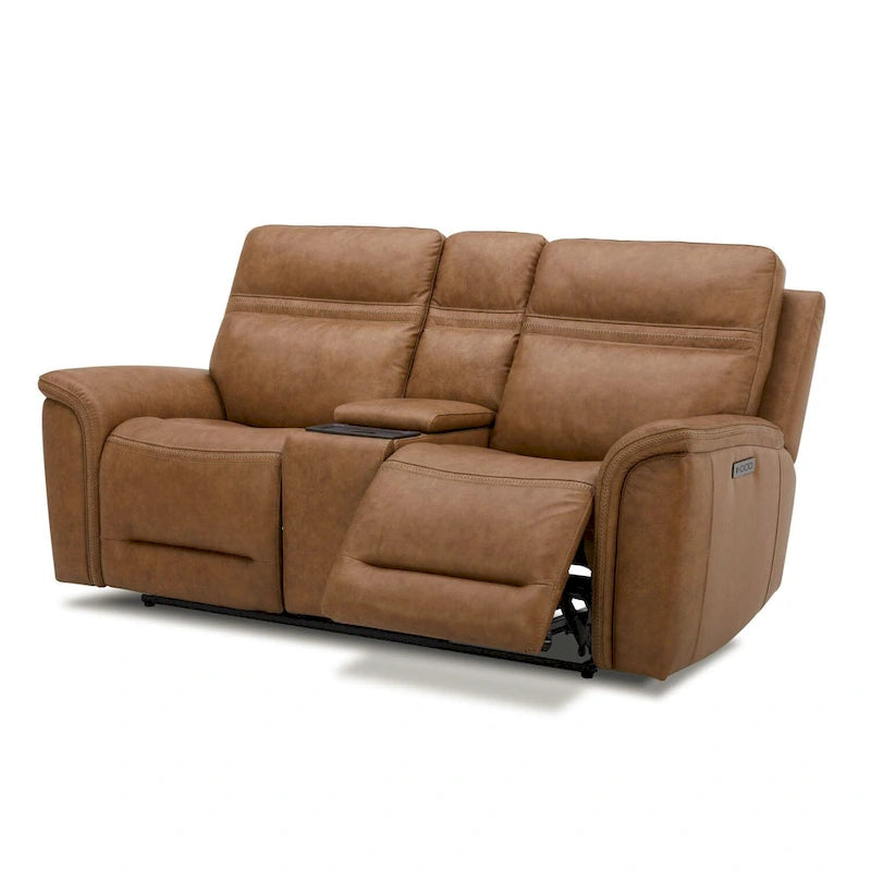 Dwuosobowa sofa z elektrycznie rozkładanymi siedziskami Cooper, skórzana, z konsolą