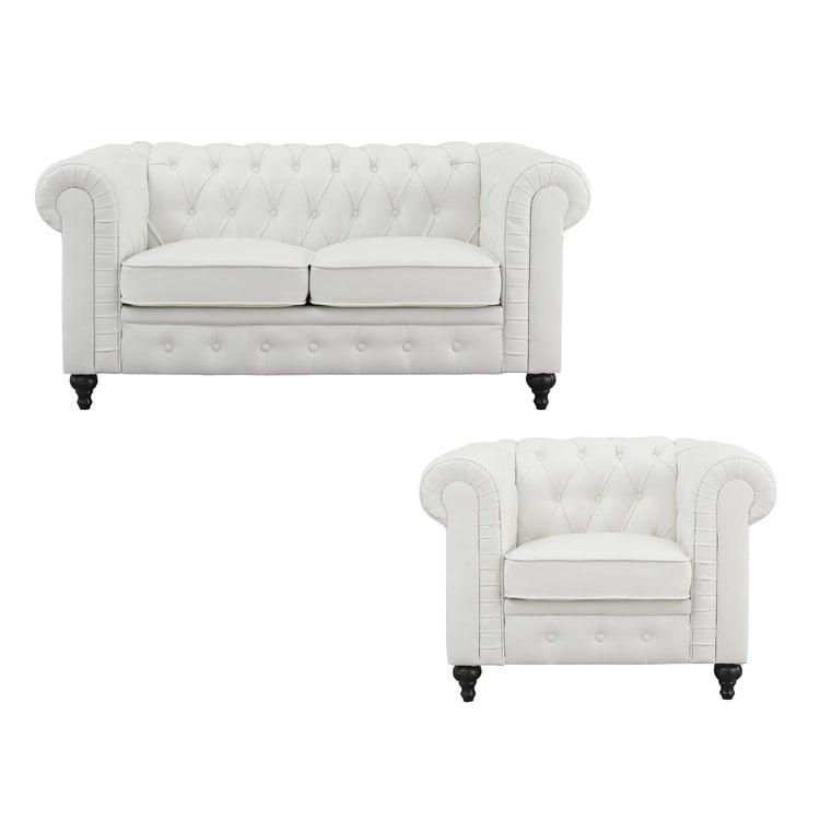 Chesterfield-Eleganz-Kollektion: Zweisitzersofa und Akzentstuhl mit gerollten Armlehnen für Wohnzimmer, Büro und Empfangsbereich