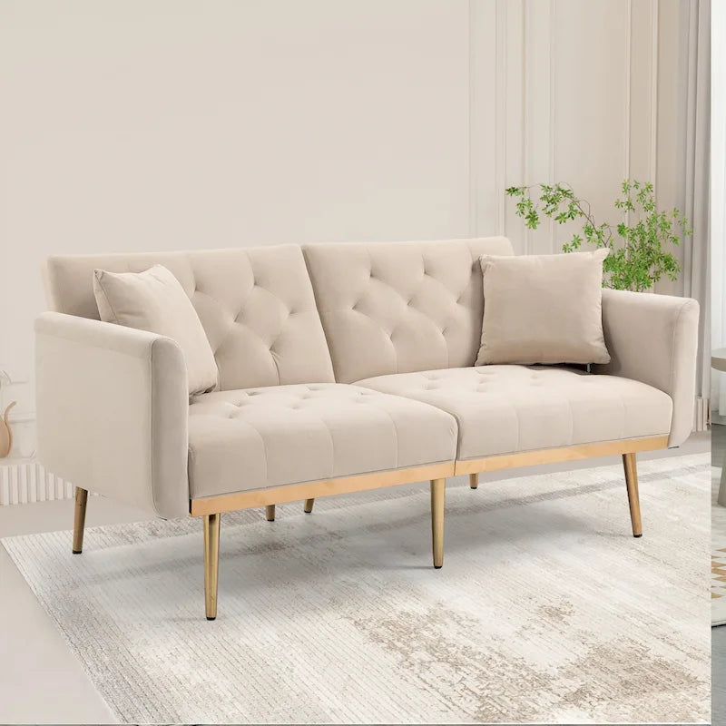 Minimalistisches Samtsofa mit Polsterung, getufteter Rückenlehne, Metallfüßen und Doppelsitz, als Schlafsofa fürs Wohnzimmer