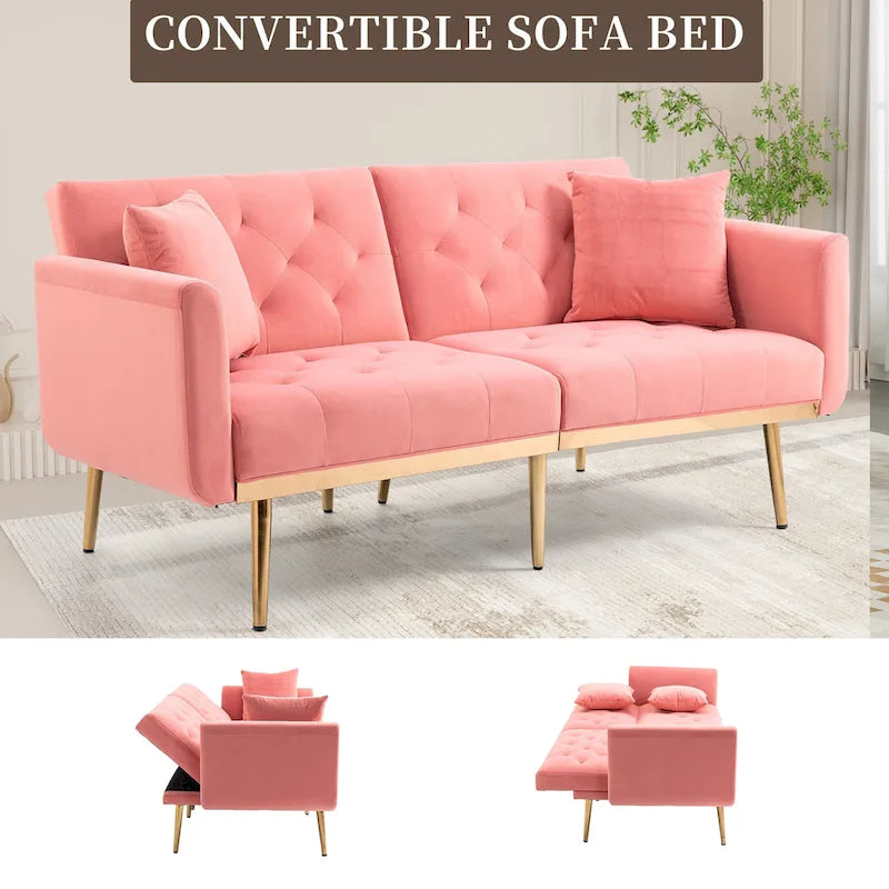 Minimalistisches Samtsofa mit Polsterung, getufteter Rückenlehne, Metallfüßen und Doppelsitz, als Schlafsofa fürs Wohnzimmer