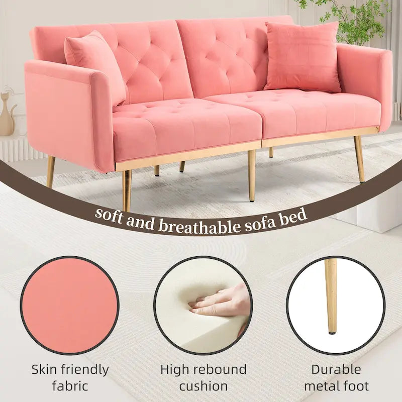 Minimalistisches Samtsofa mit Polsterung, getufteter Rückenlehne, Metallfüßen und Doppelsitz, als Schlafsofa fürs Wohnzimmer
