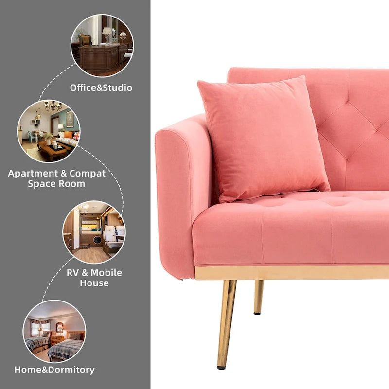 Minimalistisches Samtsofa mit Polsterung, getufteter Rückenlehne, Metallfüßen und Doppelsitz, als Schlafsofa fürs Wohnzimmer