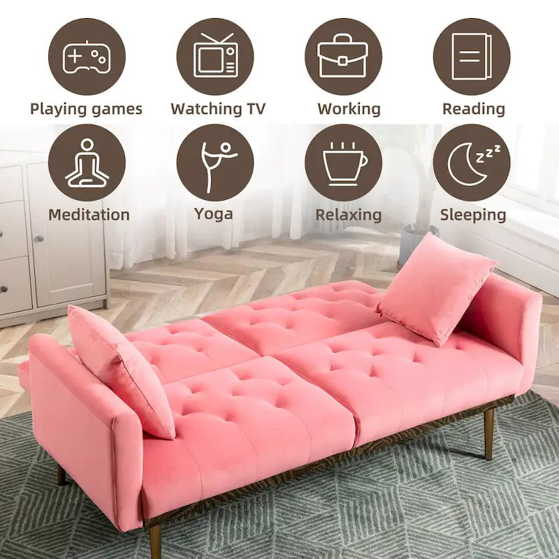 Minimalistisches Samtsofa mit Polsterung, getufteter Rückenlehne, Metallfüßen und Doppelsitz, als Schlafsofa fürs Wohnzimmer