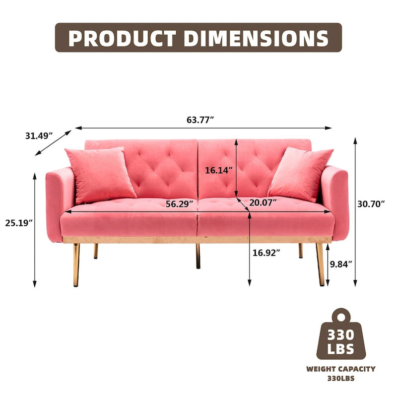 Minimalistisches Samtsofa mit Polsterung, getufteter Rückenlehne, Metallfüßen und Doppelsitz, als Schlafsofa fürs Wohnzimmer