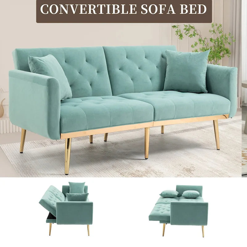 Minimalistisches Samtsofa mit Polsterung, getufteter Rückenlehne, Metallfüßen und Doppelsitz, als Schlafsofa fürs Wohnzimmer