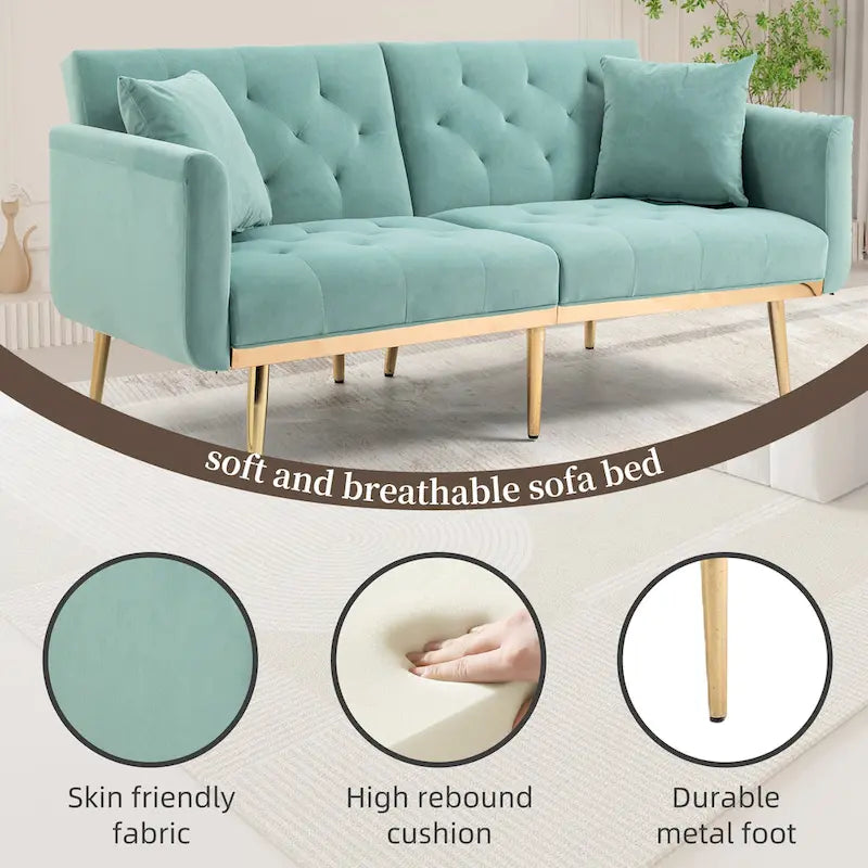 Minimalistisches Samtsofa mit Polsterung, getufteter Rückenlehne, Metallfüßen und Doppelsitz, als Schlafsofa fürs Wohnzimmer