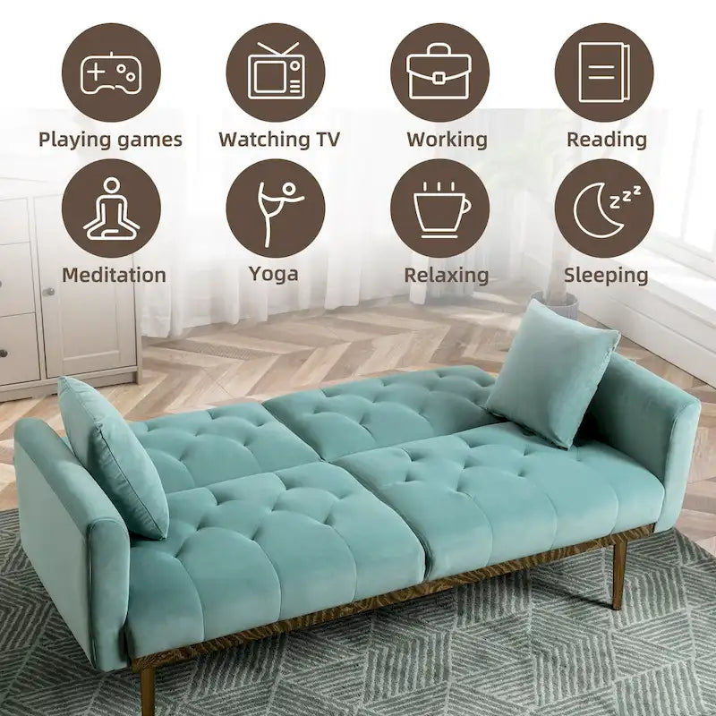 Minimalistisches Samtsofa mit Polsterung, getufteter Rückenlehne, Metallfüßen und Doppelsitz, als Schlafsofa fürs Wohnzimmer