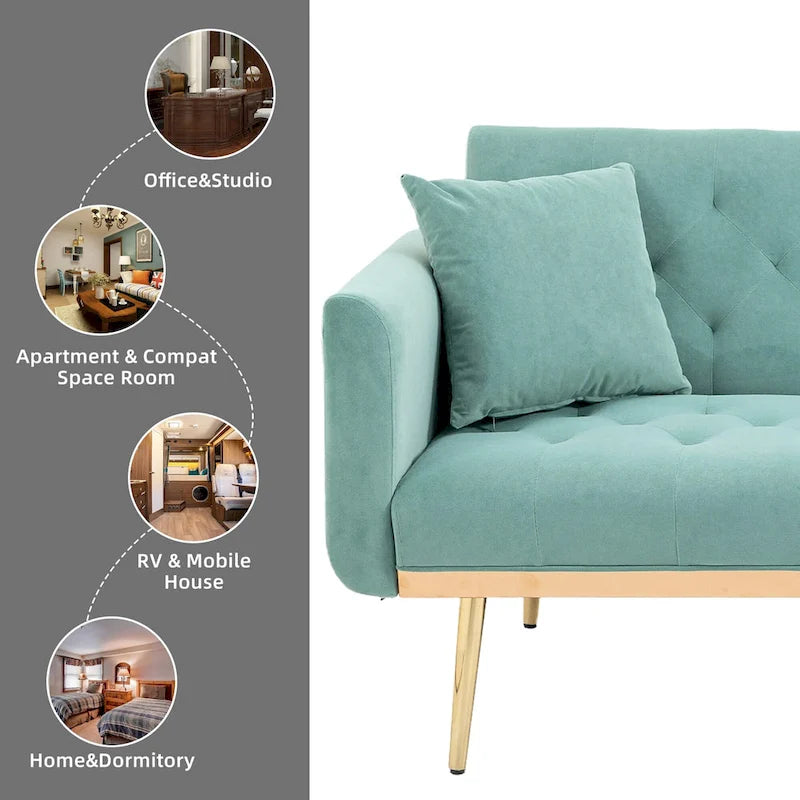 Minimalistisches Samtsofa mit Polsterung, getufteter Rückenlehne, Metallfüßen und Doppelsitz, als Schlafsofa fürs Wohnzimmer