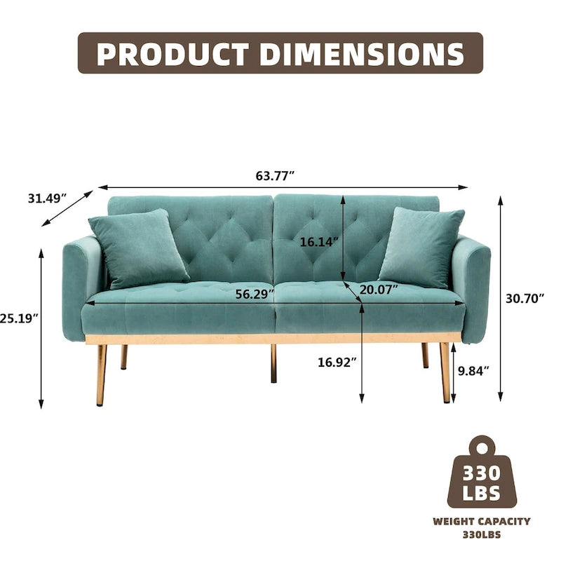 Minimalistisches Samtsofa mit Polsterung, getufteter Rückenlehne, Metallfüßen und Doppelsitz, als Schlafsofa fürs Wohnzimmer