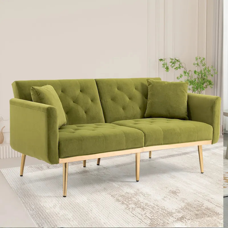 Minimalistisches Samtsofa mit Polsterung, getufteter Rückenlehne, Metallfüßen und Doppelsitz, als Schlafsofa fürs Wohnzimmer